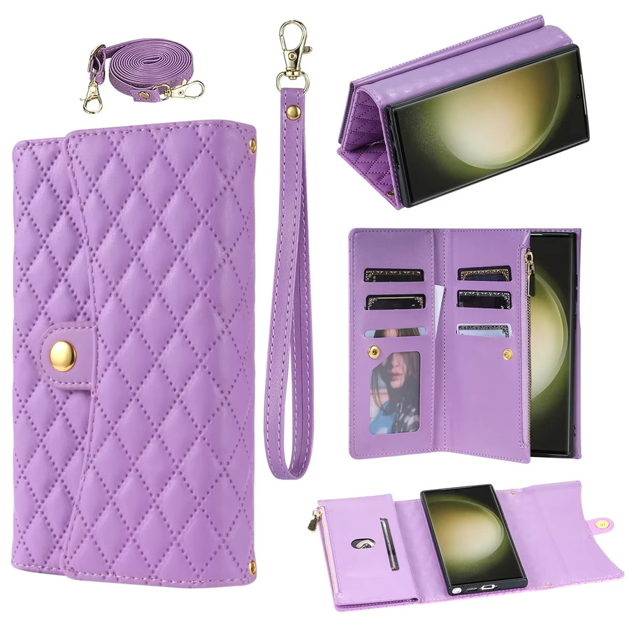 Crossbody-Lederhülle für Samsung Galaxy S26 S25 S24 S23 S22 S21 S20 Plus Note 20 10 mit Kartenfach und Umhängeband in Rot und Lila - Bild 3