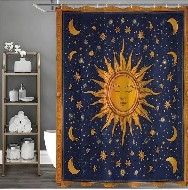 Dekorativer Duschvorhang Monika Chen mit Sonnengott, Mond und Sternen in Blau, wasserdicht und schimmelresistent, B/H: 90 x 180 cm - Bild 1