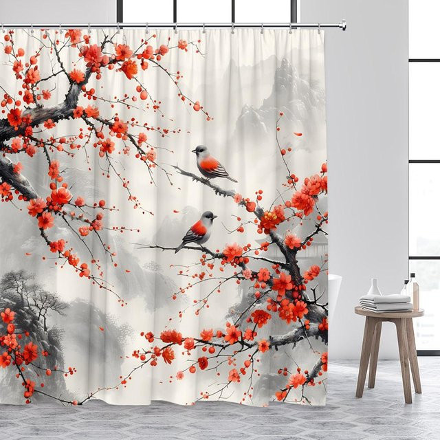 Baifenbai Home Furnishing Duschvorhang Japanische Landschaft mit Kirschblüten und Vögeln, Rosa/Mehrfarbig, B/H: 180 x 180 cm - Bild 1