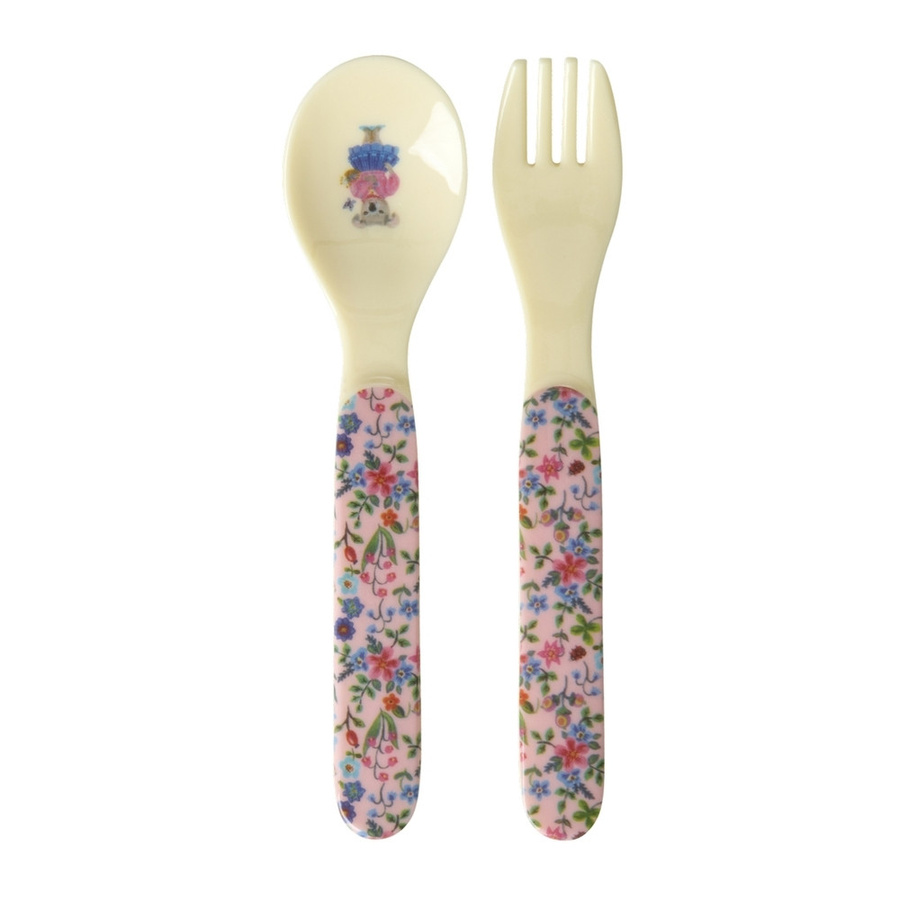 Rice Melamin Löffel und Gabel Set Nathalie Lété Print in Pink für Kinder - Bild 1