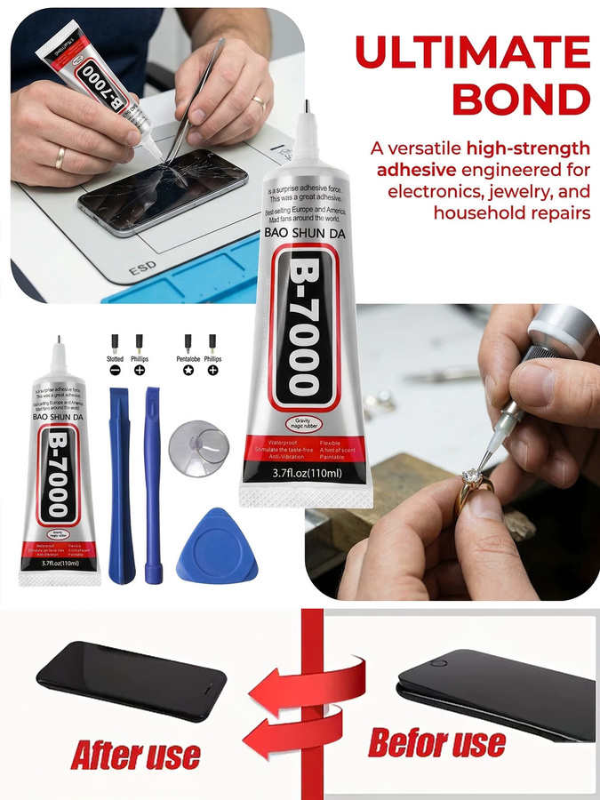 B7000 und T7000 Universal-Reparaturkleber für Handybildschirme, Tablets und Computer in Transparent oder Schwarz, erhältlich in 15 ml, 50 ml oder 110 ml - Bild 6