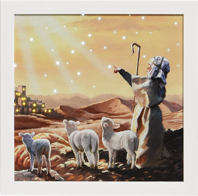 Beleuchtetes LED Weihnachtsbild auf Leinwand mit Hirte, Schafen und Sternen in Betlehem-Szene, Holz-Optik, B/H: 28 x 28 cm - Bild 1