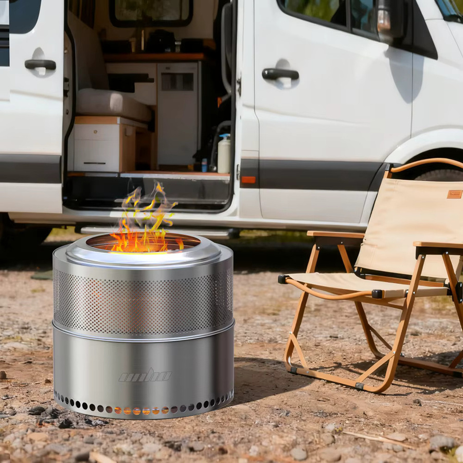UNHO Rauchfreie Feuerschale aus 304 Edelstahl in Silber, 19 Zoll tragbarer Campingkocher mit perforiertem Kamin für Holzverbrennung im Freien - Bild 5