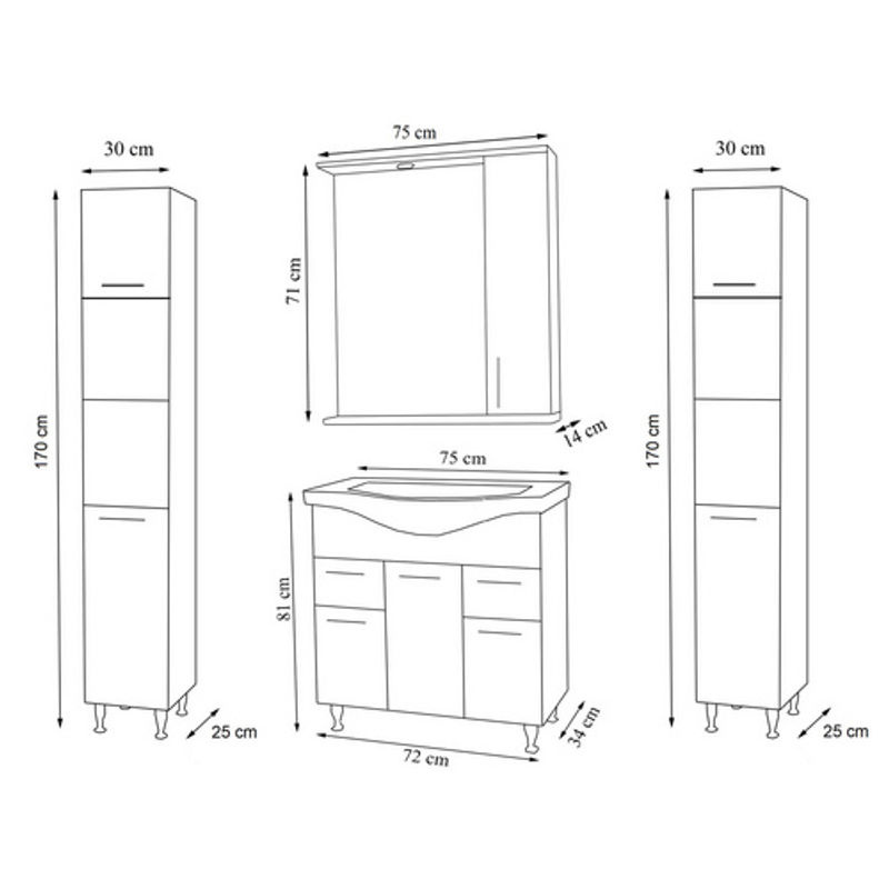 VCM Badmöbel Set Lisalo XL in Weiß, 5-tlg. Waschplatz-Komplettset mit Keramik-Waschbecken, Unterschrank 75 cm, Spiegelschrank und 2 Hochschränken - Bild 2