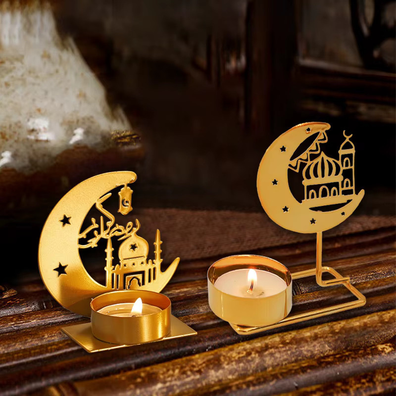 ZQNYCY Ramadan Kerzenhalter aus Metall in Gold mit Mond, Stern und Moschee Design für Eid Mubarak Dekorationen - Bild 2