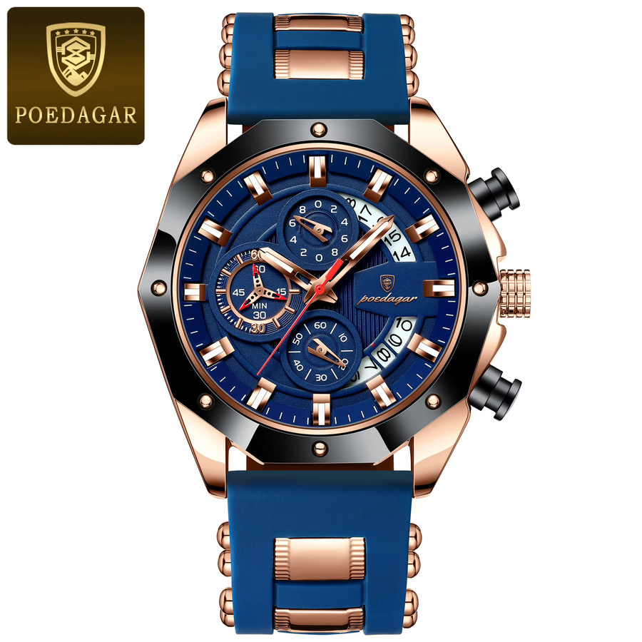 POEDAGAR Armbanduhr Chronograph, Quarz, Silikon, Schwarz, Herren - Bild 7