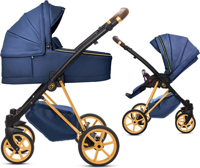 TPFLiving 2in1 Kinderwagen Royal aus Kunstleder in Blueberry mit Goldgestell - Bild 1