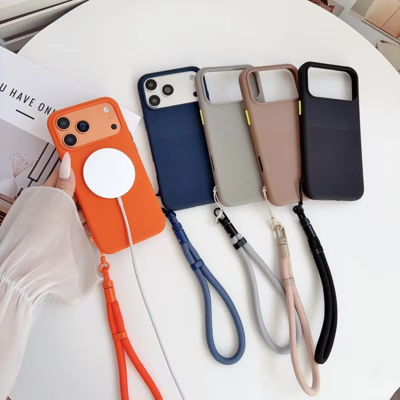 EHUIDE Magnetische Kurze Lanyard-Hülle für iPhone 17 16 15 14 13 12 11 Pro Max, Matt, Stoßfest mit Handgelenkschlaufe und Anti-Rutsch-Wellenpunkt-Design, Orange - Bild 2