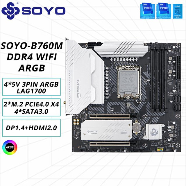 SOYO B760M D4 WiFi Motherboard für Intel LGA 1700 Prozessoren, M-ATX, DDR4, WiFi 6, USB-C, ARGB, Schwarz - Bild 1