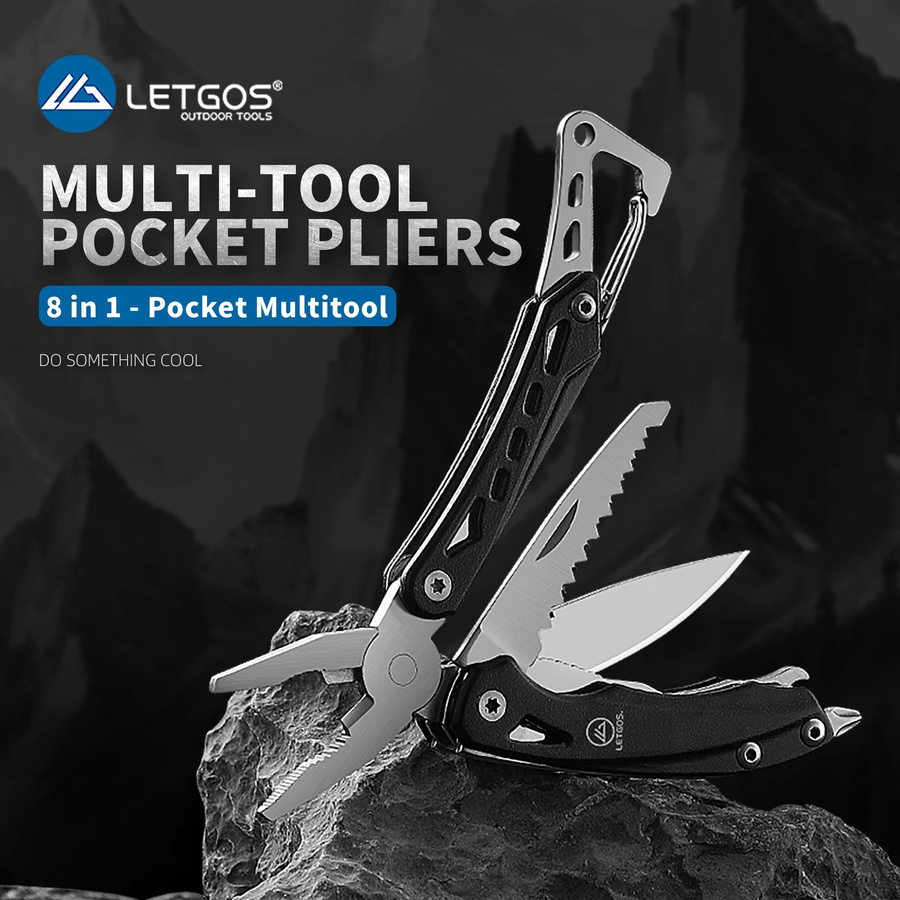 LETGOS Mini Multifunktionswerkzeug in Schwarz: Tragbares faltbares Taschenmesser mit Zange für Outdoor, Jagd und taktische Rettungseinsätze - Bild 2
