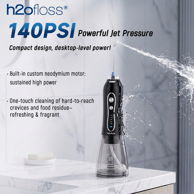 H2ofloss Wasserstrahlreiniger Schwarz mit 300ml Tank, 5 Reinigungsmodi und 140PSI Hochdruck, USB aufladbar mit 5 Aufsätzen - Bild 1