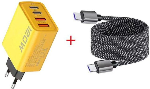 Kebidumei 120W Schnellladegerät mit 4 Ports, Doppel-USB QC3.0 und Doppel-PD Typ-C Adapter in Gelb - Bild 1