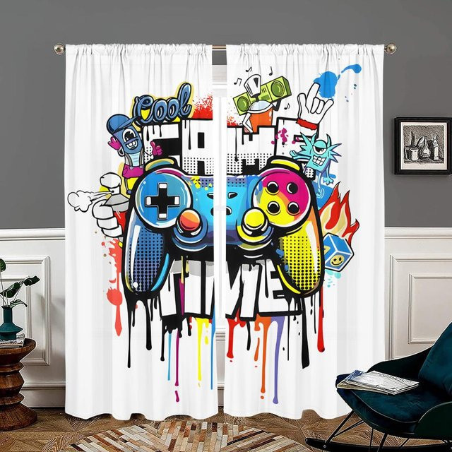 2er-Set halbverdunkelnde Vorhänge mit Gamecontroller-Motiv in Schwarz und Multicolour, Breite: 150 cm, Höhe: 166 cm - Bild 1