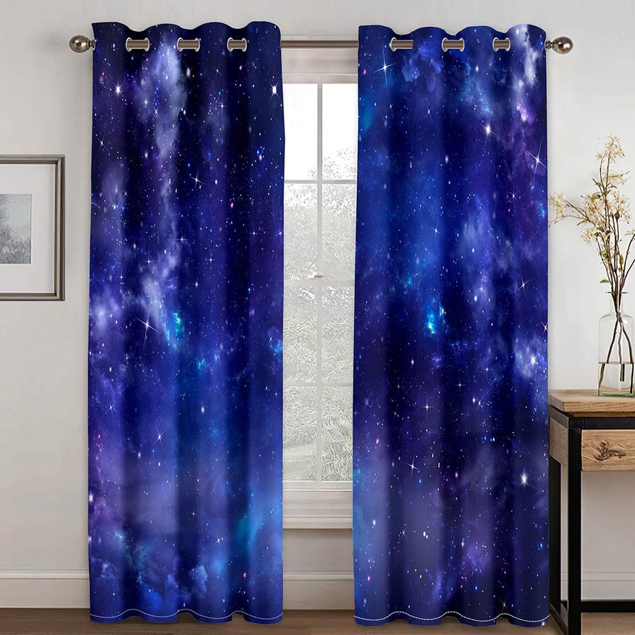 2er-Set Verdunklungsvorhänge mit blauem 3D-Sternenhimmel und Weltraum-Design von Household supplies MH, Breite: 100 cm, Höhe: 130 cm - Bild 1