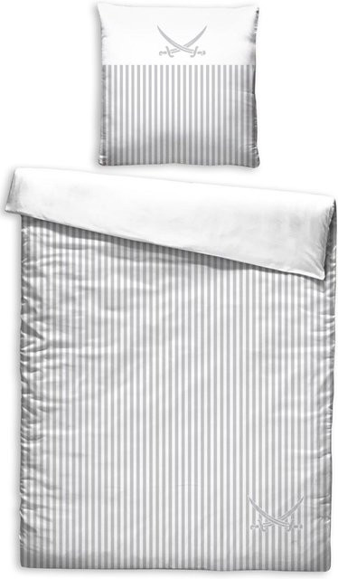 SANSIBAR Bettwäsche aus Mako-Satin mit grafischem Nautical-Design in Weiß und Silber, Set bestehend aus Bettbezug und Kissenbezug, B/H: 135 x 200 cm und 80 x 80 cm - Bild 1