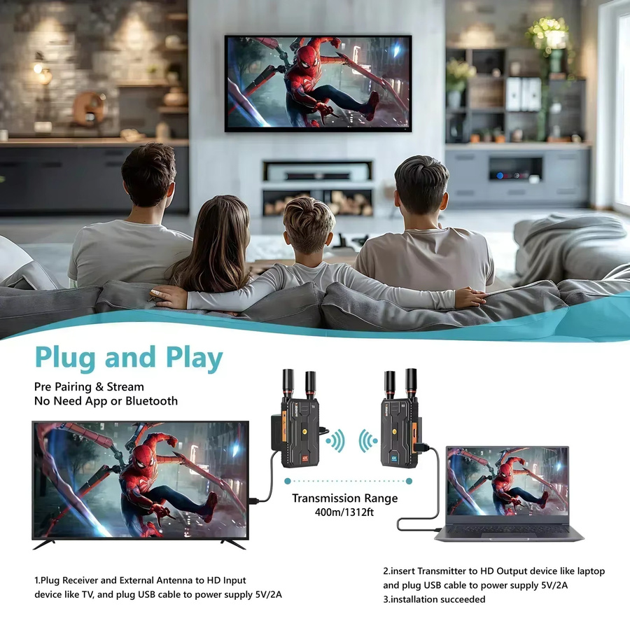 VRRIIS 4K UHD Kabelloser HDMI-Extender Audio-Video-Sender und -Empfänger in Schwarz für Live-Übertragungen bis 400m - Bild 2