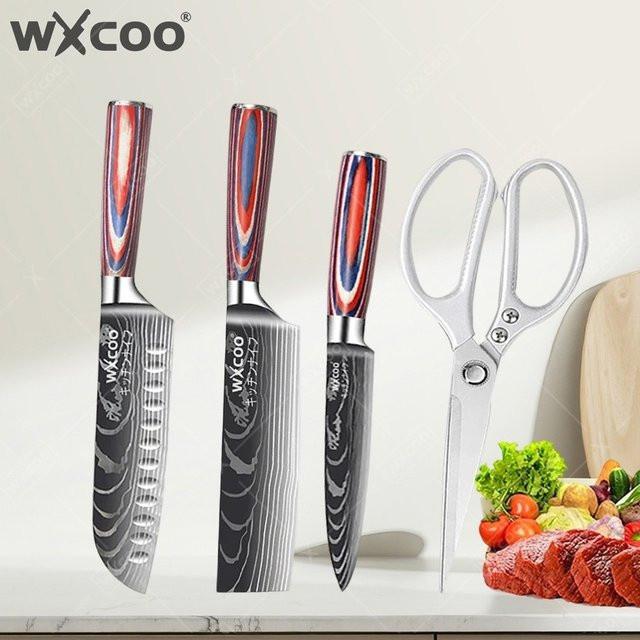 WXCOO Japanisches Küchenmesser-Set mit Santoku-Messer, Allzweckmesser und Küchenschere für Geflügel und Knochen - Bild 1