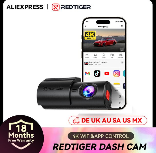 REDTIGER A1 4K Mini Dashcam in Schwarz mit WLAN, App-Steuerung, Nachtsicht und 24-Stunden-Parkmodus - Bild 1