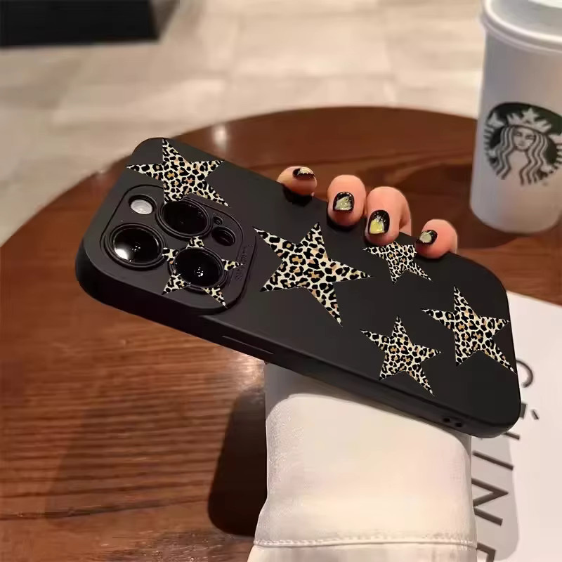 Mattierte Handyhülle mit Leoparden- und Sternenmuster für iPhone 16 15 14 13 12 11 Pro Max Plus XS X XR 7 8 in Schwarz, stoßfeste Softcover-Schutzhülle - Bild 3