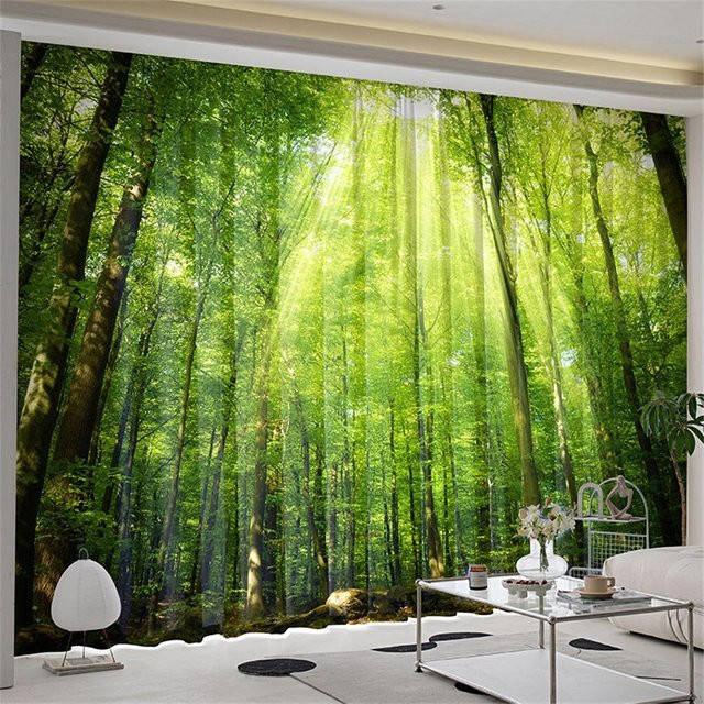 Yiran Furniture Vorhänge mit Natur-Wald-Motiv in Grün, 2er-Set mit Haken, Breite: 100 cm, Höhe: 240 cm - Bild 1