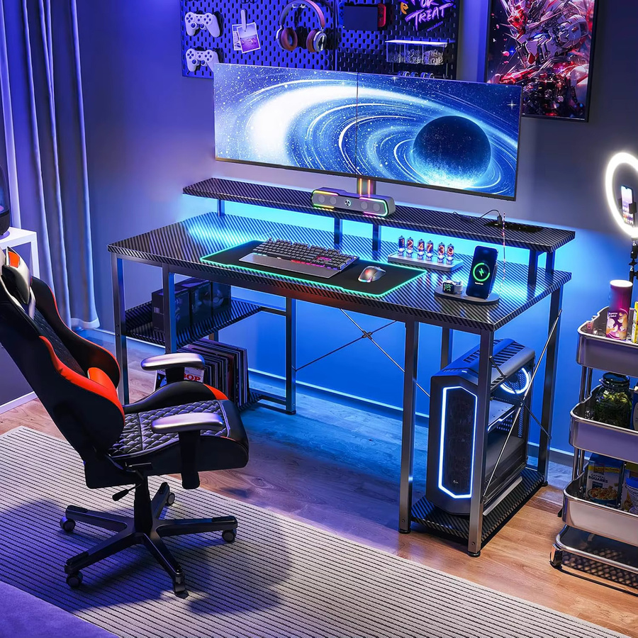 Coleshome Gaming-Schreibtisch mit LED, schwarzer Kohlefaser, mit 2 Steckdosen und 2 USB-Anschlüssen, Breite: 120 cm, Tiefe: 50 cm - Bild 2