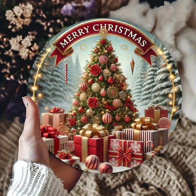 Potdemiel Rundes Metallschild mit Weihnachtsbaum-Motiv in Multicolor, Hängedekoration aus Eisen, Durchmesser: 20,3 cm - Bild 1