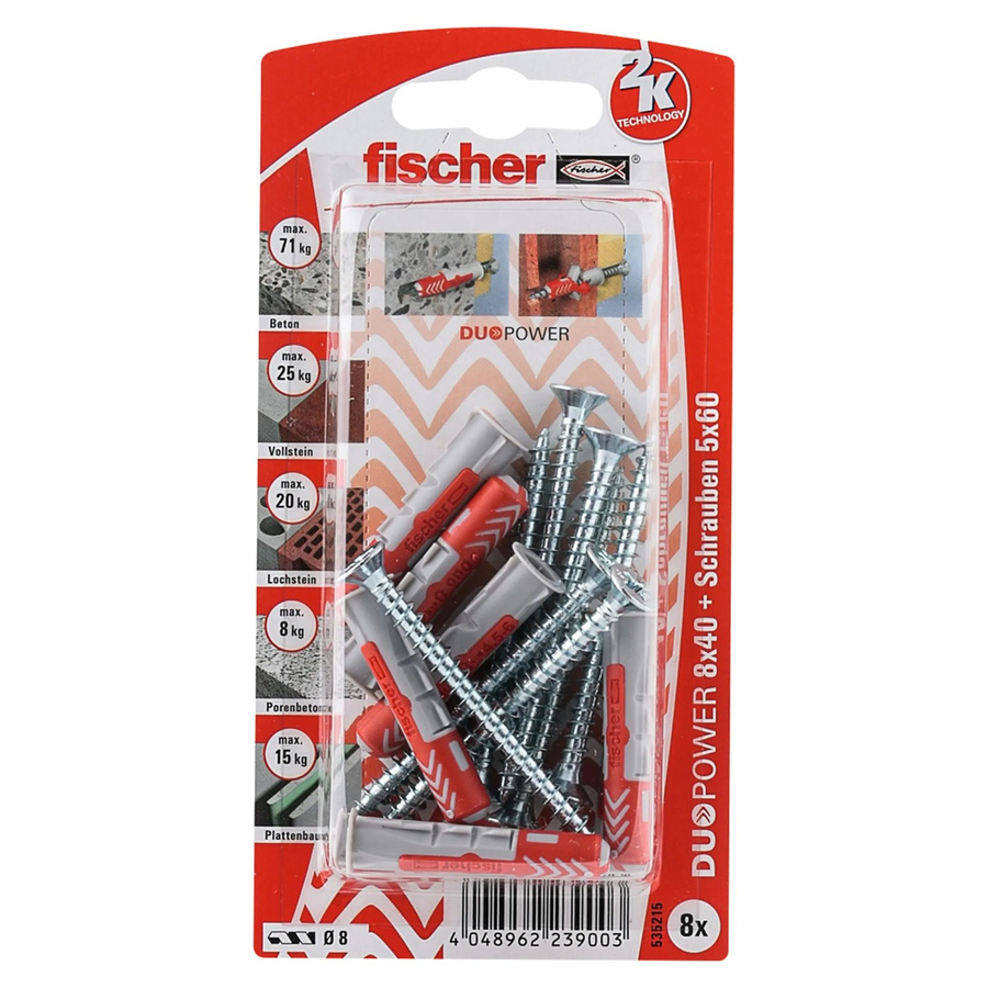 Fischer DuoPower Dübel mit Schraube, Ø 8 mm x 40 mm, Mehrfarbig, 8 Stück - Bild 2