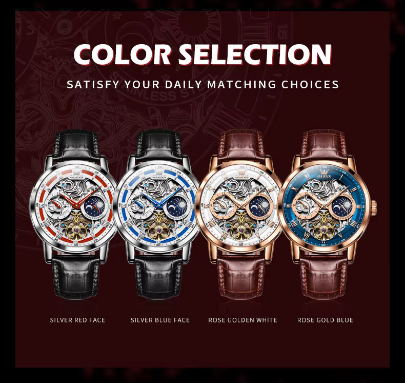 OLEVS Armbanduhr, Automatik, Skelett, Edelstahl, Leder, Herren - Bild 5