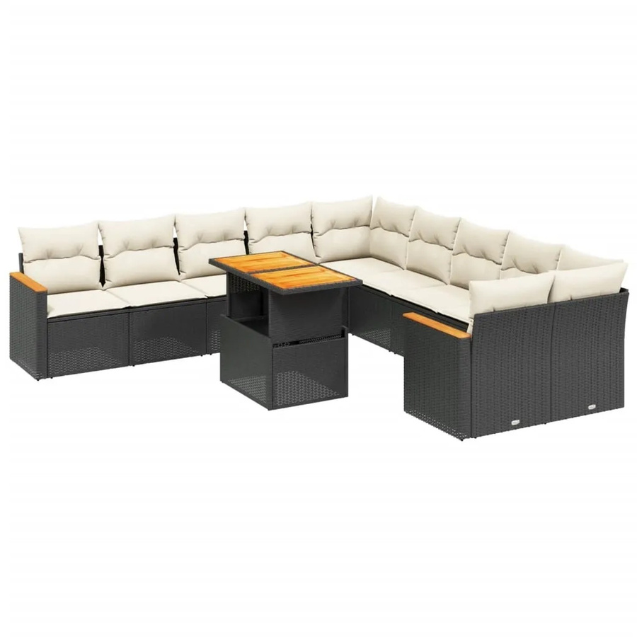 vidaXL 11-teilige Garten-Sofagarnitur in L-Form aus Polyrattan und Akazienholz mit Kissen in Schwarz - Bild 2