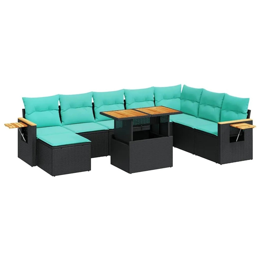 vidaXL 10-tlg Garten-Sofagarnitur in L-Form aus Polyrattan und Akazienholz mit Kissen, Schwarz - Bild 2