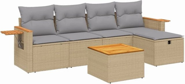 vidaXL 6-tlg Garten-Sofagarnitur in L-Form aus Poly Rattan mit Kissen und Polsterung in Beige und Grau - Bild 1