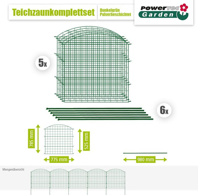 11tlg. Teichzaun Oberbogen Dunkelgrün B: 390 cm, H: 78,5 cm - Bild 1