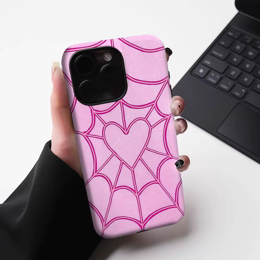 Potdemiel Handyhülle mit Rosa Herz-Spinnennetz-Design für iPhone 17 16 15 14 13 Pro Max Plus, Robuste Ein- und Doppelschicht-Schutzhülle mit Magnetfunktion - Bild 3