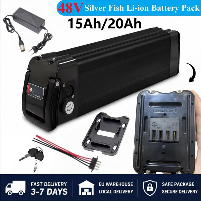 Aleaivy Silver Fish Lithium-Akku 48V mit integriertem BMS für faltbare Citybikes (250W-1000W Motor), inklusive 2A Ladegerät, Farben: Silber/Schwarz - Bild 1
