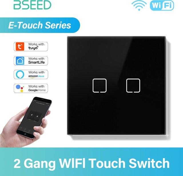 BSEED E-Serie WLAN-Touch-Schalter mit schwarzem Glaspanel, 2-fach Wandschalter für Tuya Smart Life und Alexa App-Steuerung, Gelbe Hintergrundbeleuchtung, 10A, 8er Pack - Bild 1