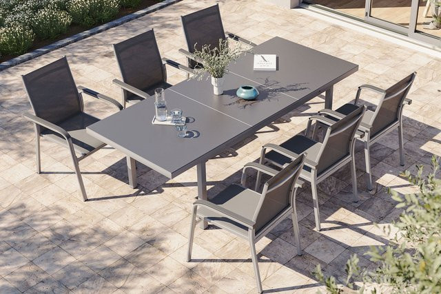 Kettler BasicPlus Garten-Essgruppe aus Aluminium und Textilene in Silber/Grau mit ausziehbarem Tisch und 6 Stapelsesseln, Tisch B: 180 bis 240 cm, T: 100 cm - Bild 1