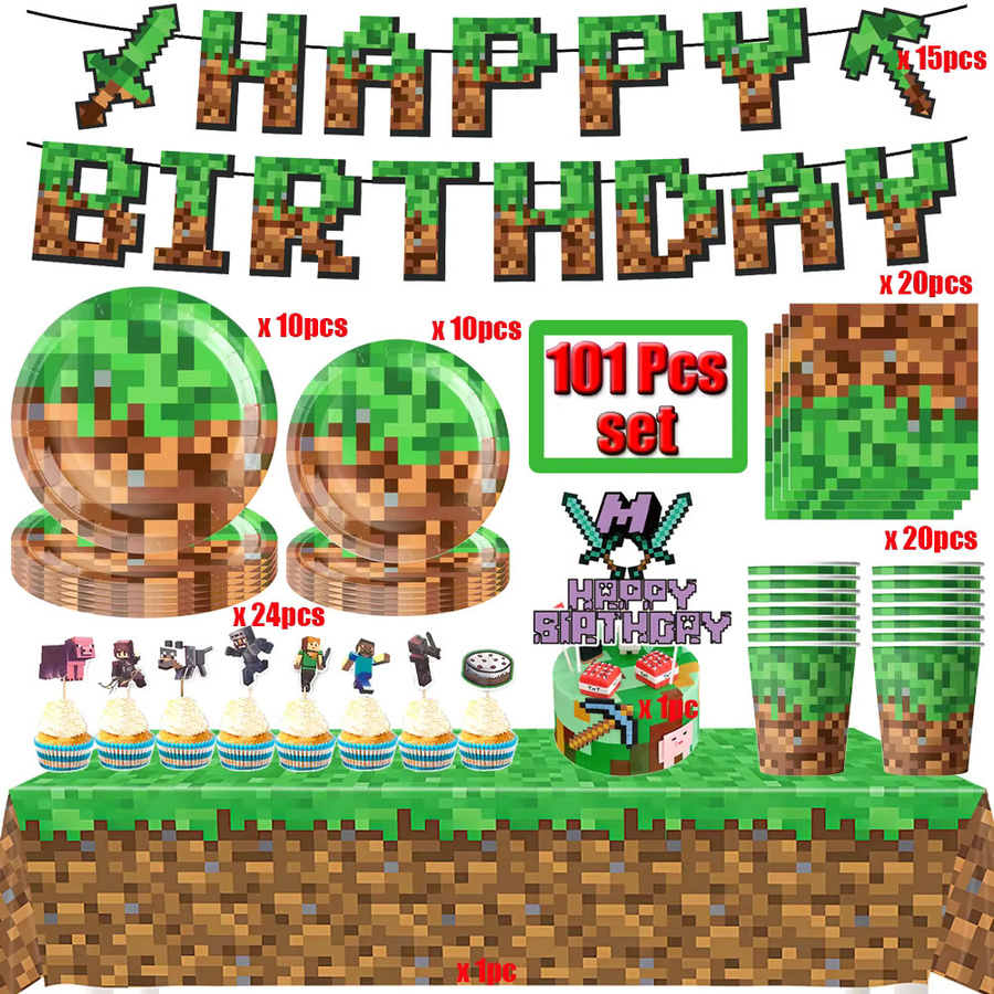 TAKARA TOMY Grünes Spiel Geburtstags-Dekor Geschirr, Teller, Tischdecke, Becher, Servietten, Cartoon-Aufkleber, Bergmann-Thema Partyzubehör - Bild 2