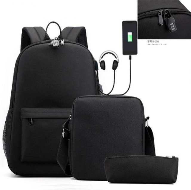3-teiliges Schulrucksack-Set in Schwarz aus Oxford-Stoff mit Schultasche, Schultergurt und Federmäppchen - Bild 1