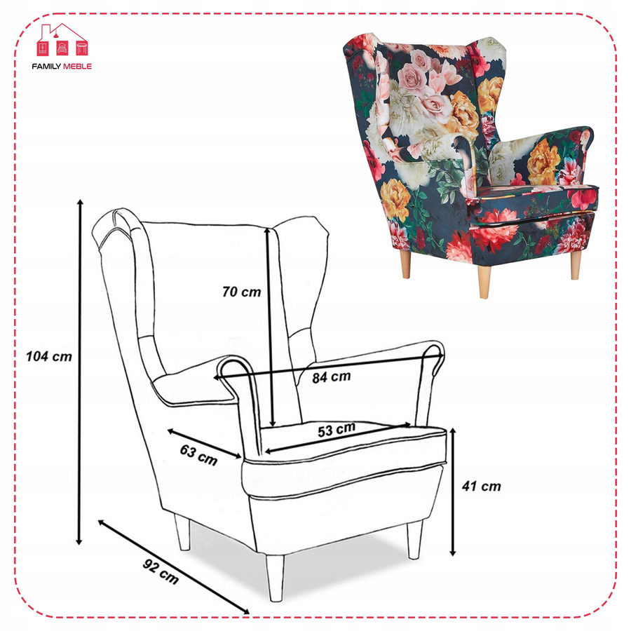 Ohrensessel ARI PRINT von Family Meble im skandinavischen Design mit floralem Pfingstrosen Blumen Muster in 3D-Optik - Bild 3
