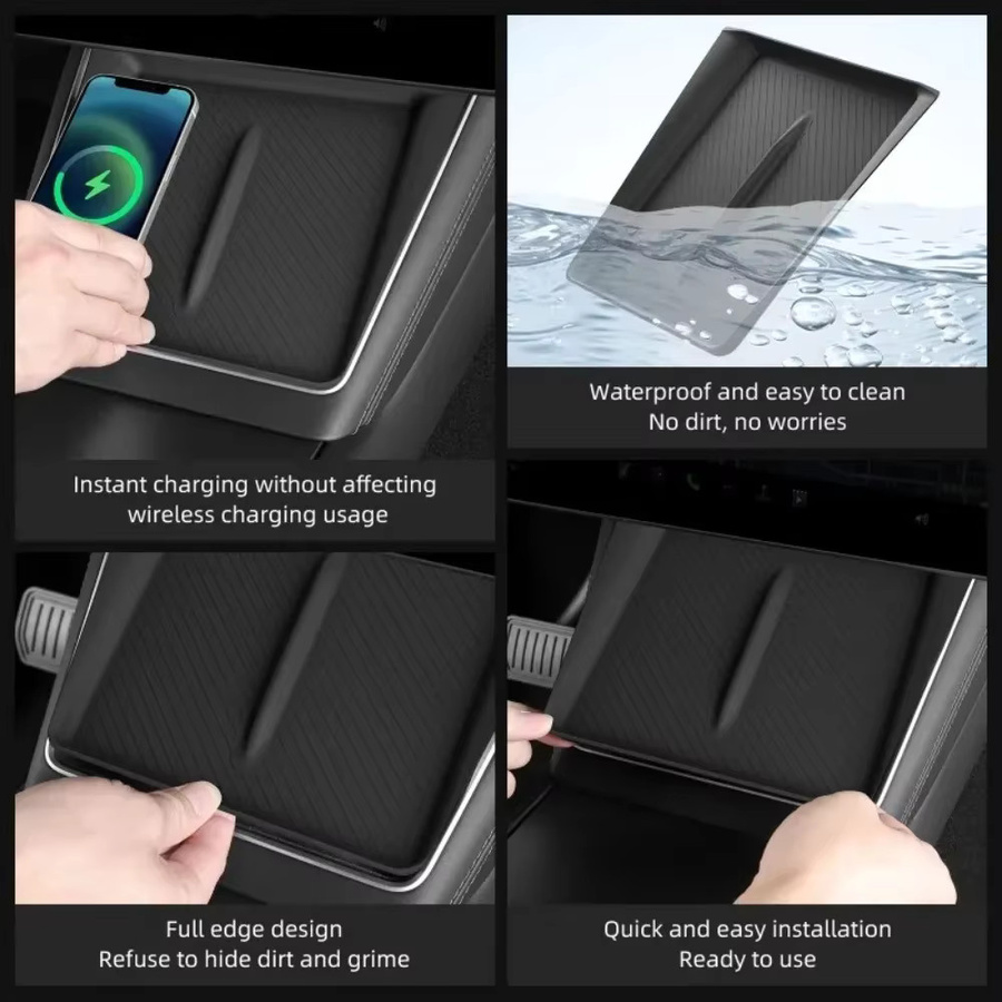 USVOTOV Drahtloses Ladepad für Tesla Model Y Juniper und Model 3 2025 2026, rutschfeste Ladematte und Auto-Organizer in Schwarz - Bild 4