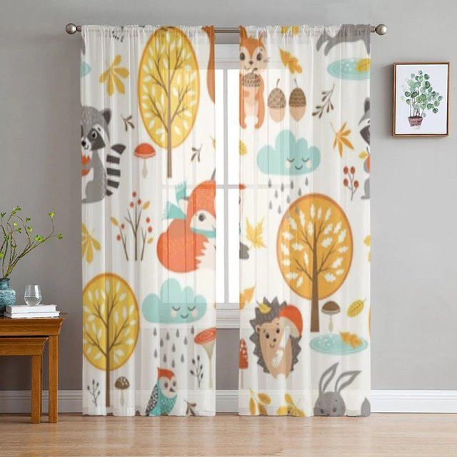 A Family Of Home Textiles Sheer Vorhang Herbst Waldtiere in Weiß, B: 135 cm, H: 114 cm - Bild 1