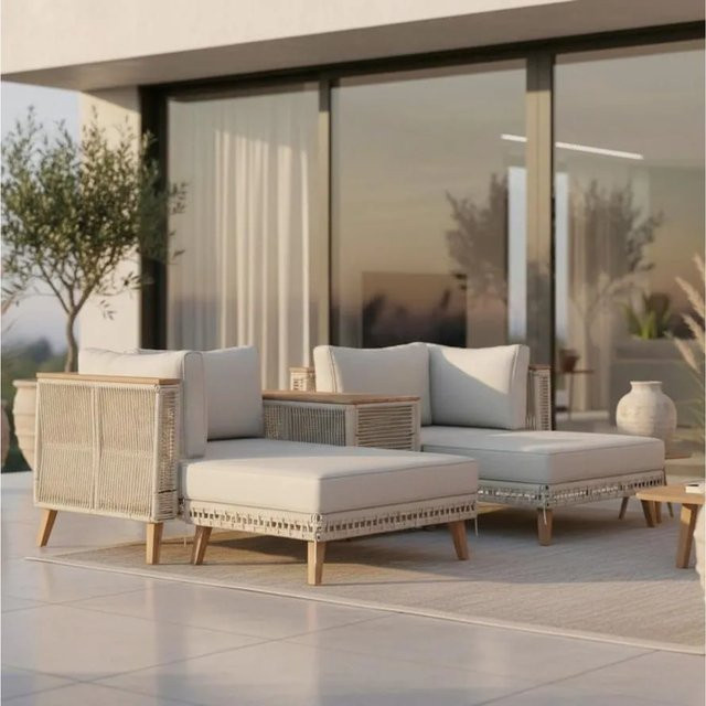Bessagi Garden Loungegarnitur Marilou L-Form in Creme und Hellgrün mit Outdoor-Sofa, Couchtisch und Polstern - Bild 1