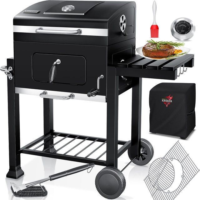 KESSER Grillwagen XXL Holzkohlegrill in Schwarz mit Deckel, Thermometer und emailliertem Grillrost - Bild 1