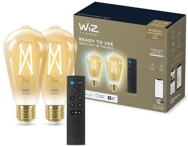 WiZ Starterkit mit 2 dimmbaren Edison LED-Filament-Glühbirnen in Weiß, E27, 50 W, inklusive tragbarem Fernbedienungsdimmer und WiFi-Steuerung - Bild 1