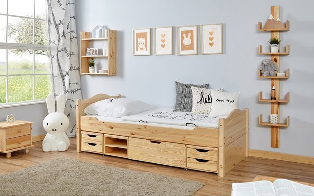 TiCAA Einzelbett Leni aus Kiefer Natur mit Schubladen im skandinavischen Design, B/T/H: 90 x 200 x 78 cm - Bild 1