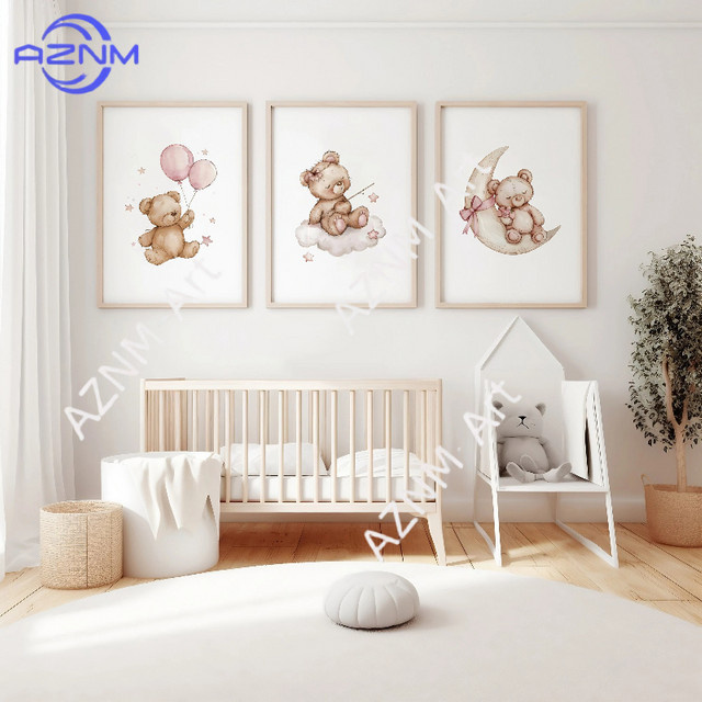 3-teiliges AZNM Teddybär Wandbild-Set für das Kinderzimmer mit rosa Ballons im skandinavischen Design - Bild 1