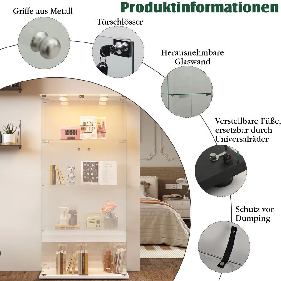 Rosahqnda Glasvitrine mit LED-Beleuchtung und Doppeltür, 4-stöckiger Variationsschrank aus Glas in Black-Pat Light und Transparent - Bild 3