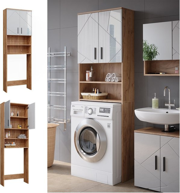 Vicco Waschmaschinenschrank Irma Badezimmer Eiche Weiß Hochglanz B: 64 cm, H: 191 cm, T: 26 cm - Bild 1