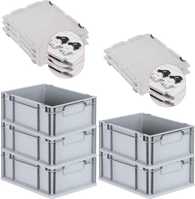 PROREGAL Spar Set 5x Eurobox Nextgen Economy mit Scharnierdeckel und schwarzen Schiebeschnappverschlüssen, Grau, H x B x T: 17 x 30 x 40 cm - Bild 1