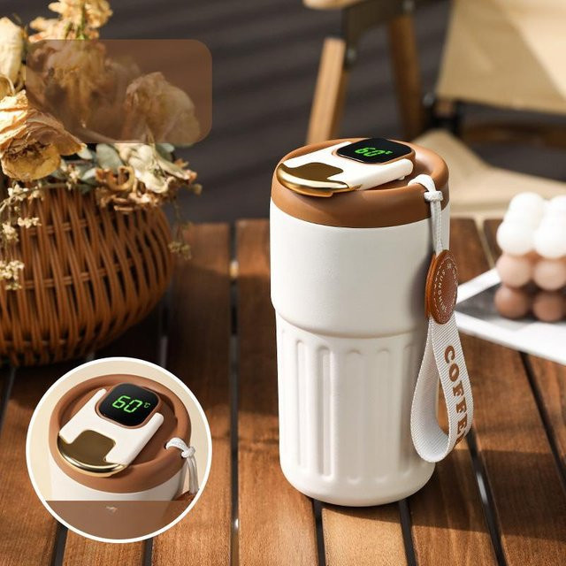 Wucifang Jewelry Smarter Warmer Kaffeebecher aus 316 Edelstahl mit Temperaturanzeige in Weiß, 420ml - Bild 1